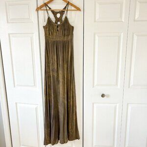 Ella Moss Olive Green Tie-Dye Maxi Dress XS Cutout Back Boho Rayon Spandex EUC
